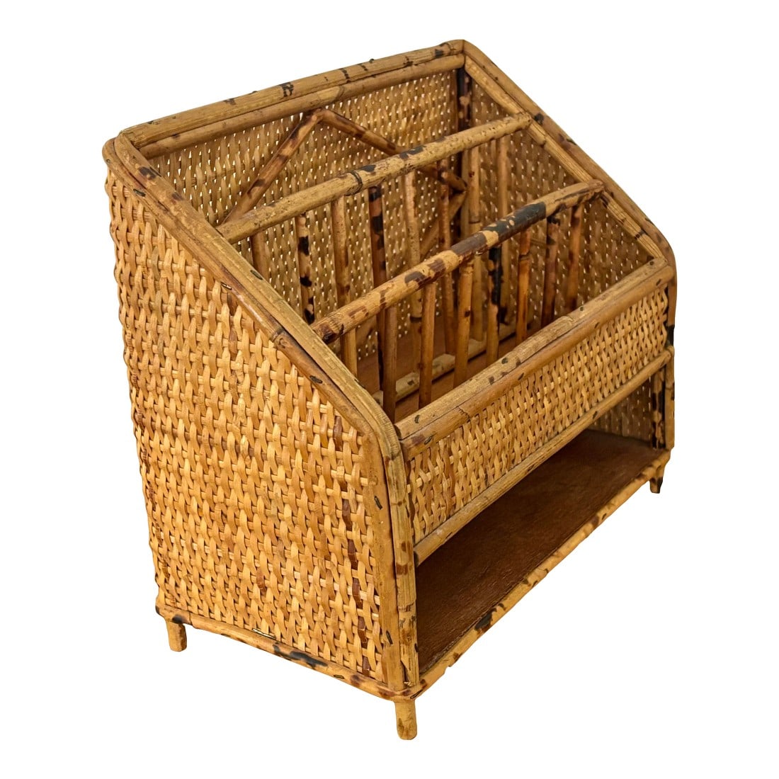 Vintage Tortoiseshell Bamboo and Rattan Desk Organizer: Vintage burnt bamboo & rattan desk organizer with beautiful wicker panels supported by bamboo. Sturdy and well-constructed. Nice wide pockets provide plenty of room for files, papers and mail. I ship