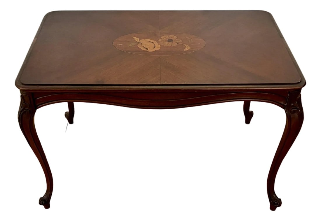 Vintage Queen Anne Inlaid Mahogany Butler Tea Table With Glass Top (1 of 12)