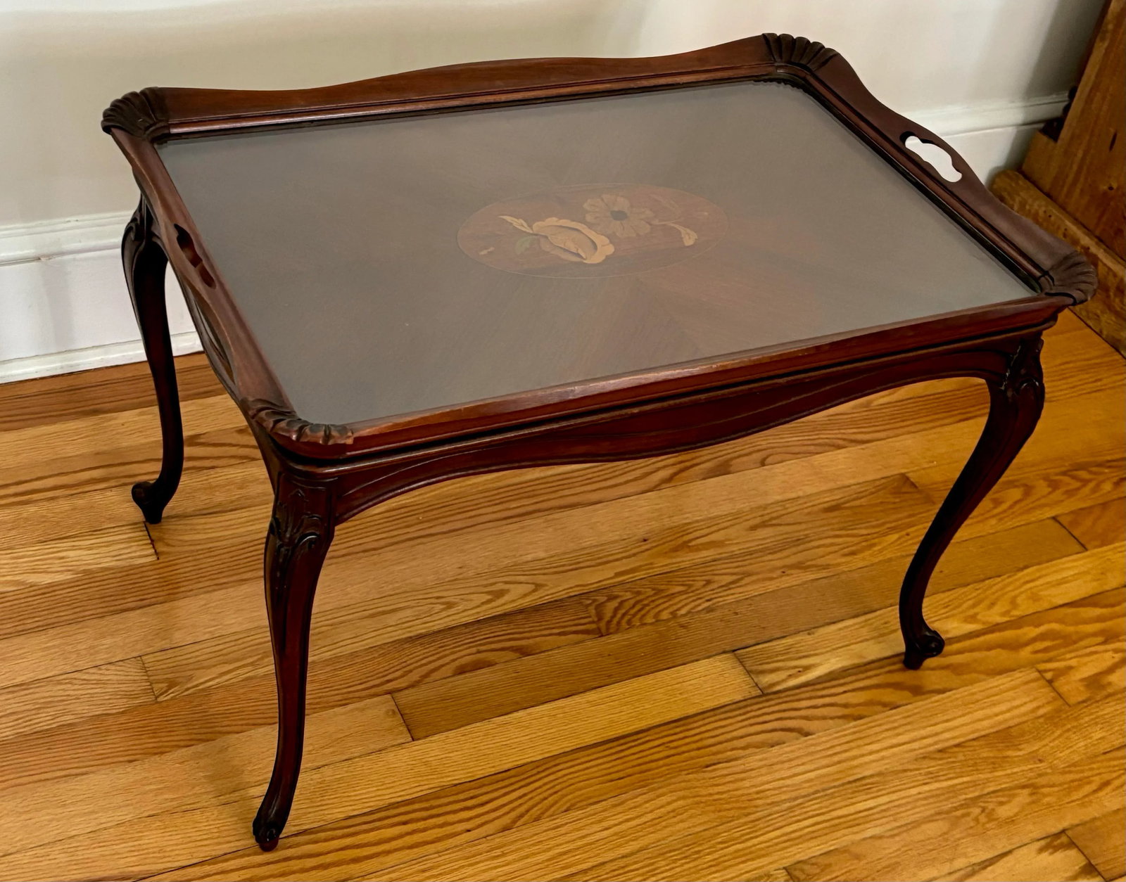 Vintage Queen Anne Inlaid Mahogany Butler Tea Table With Glass Top - 2