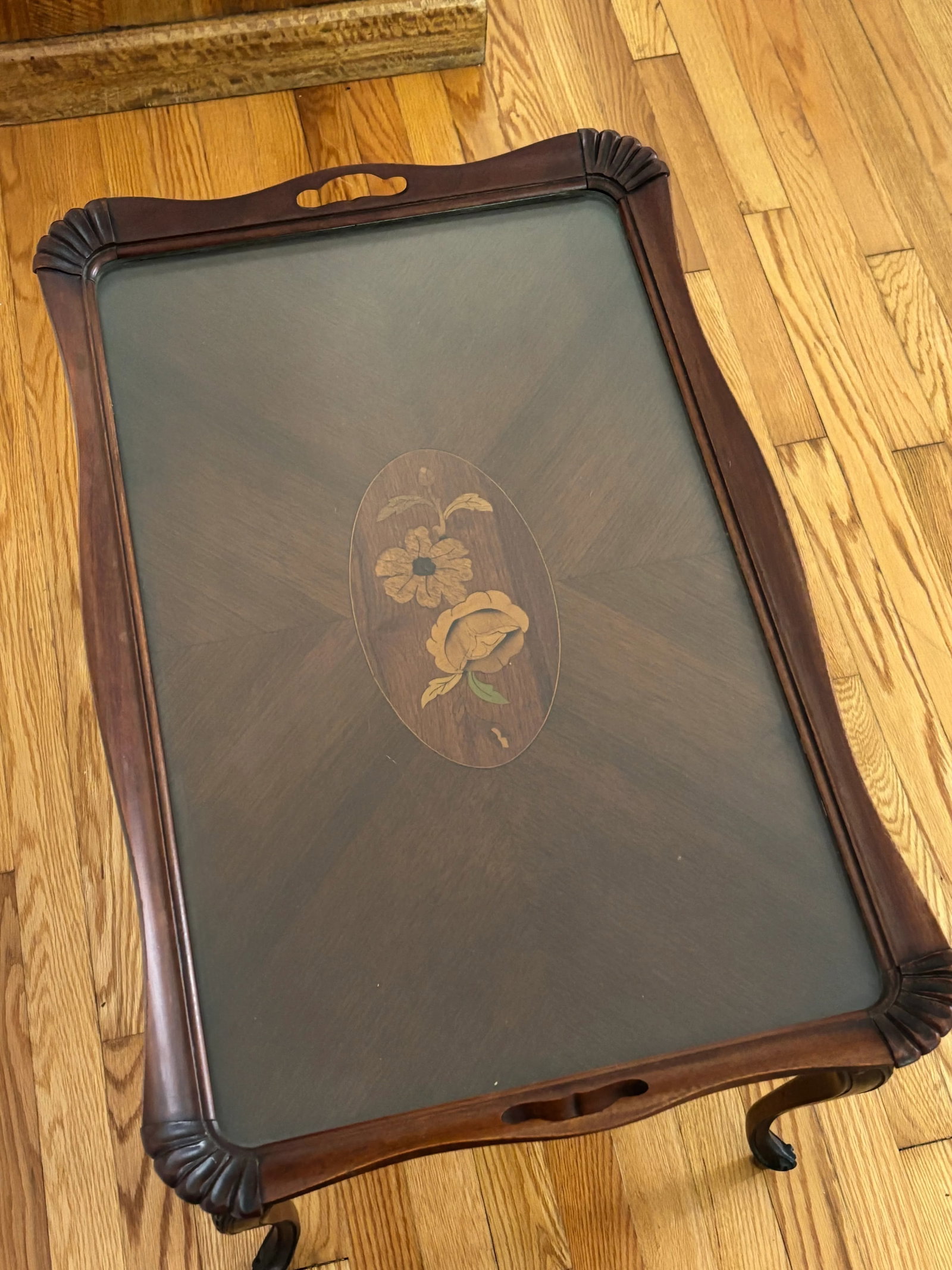 Vintage Queen Anne Inlaid Mahogany Butler Tea Table With Glass Top - 3