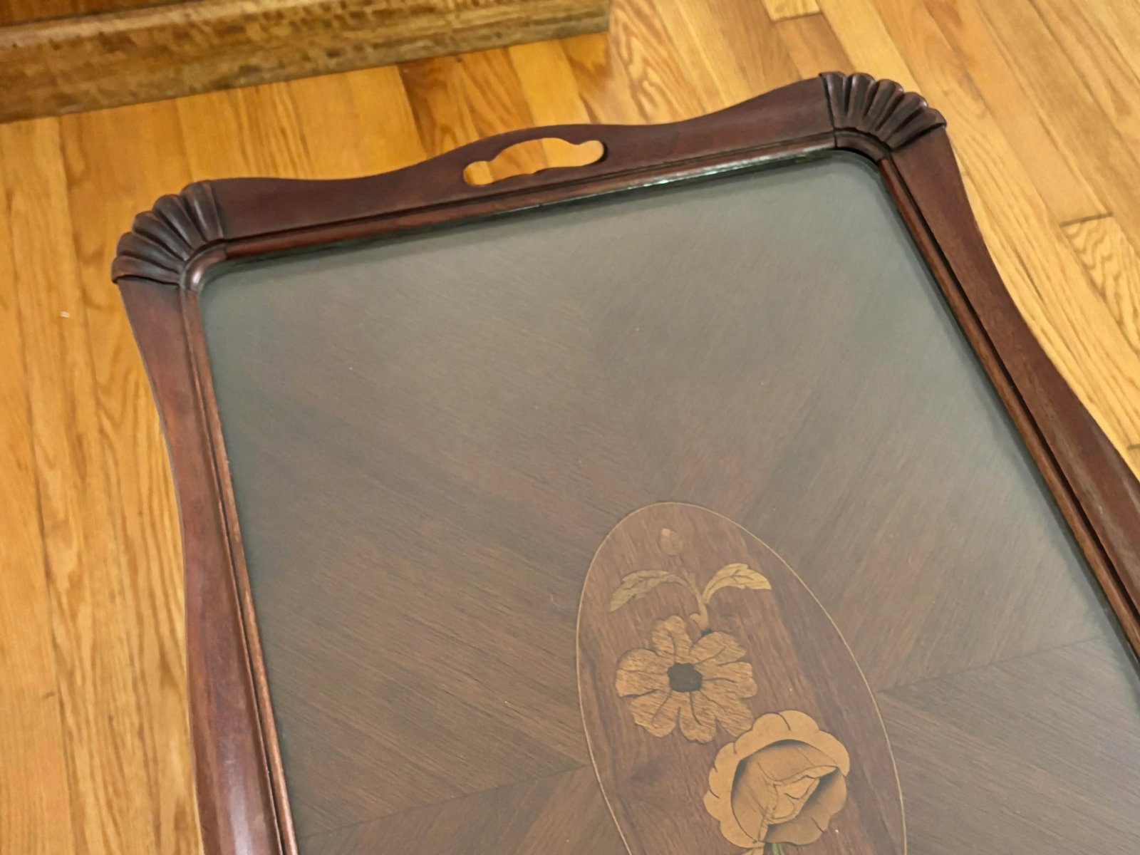 Vintage Queen Anne Inlaid Mahogany Butler Tea Table With Glass Top - 4