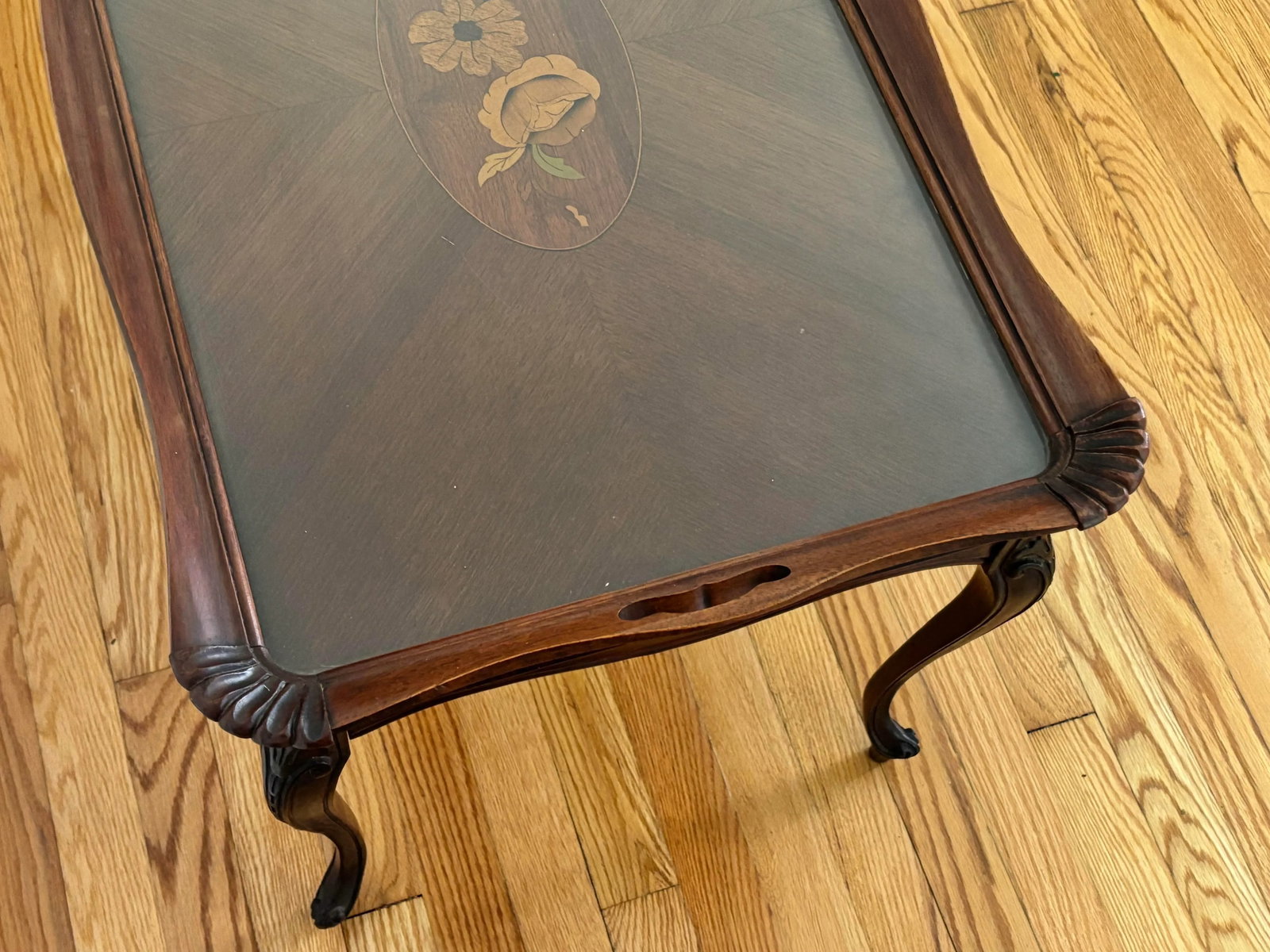 Vintage Queen Anne Inlaid Mahogany Butler Tea Table With Glass Top - 5