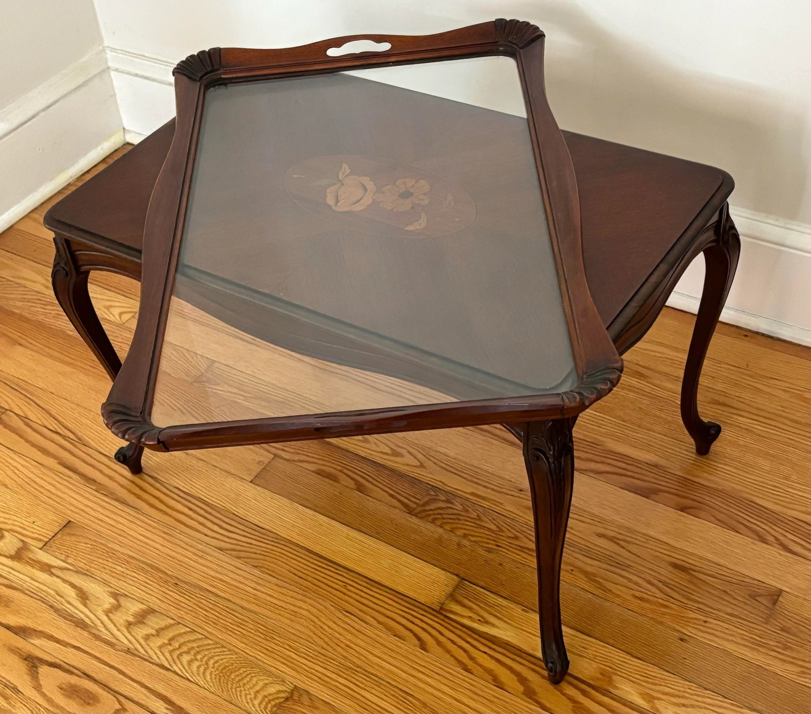 Vintage Queen Anne Inlaid Mahogany Butler Tea Table With Glass Top - 6