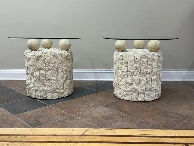 1980s Pair of Vintage, Postmodern Cylindrical Mactan Stone Side Tables - 2