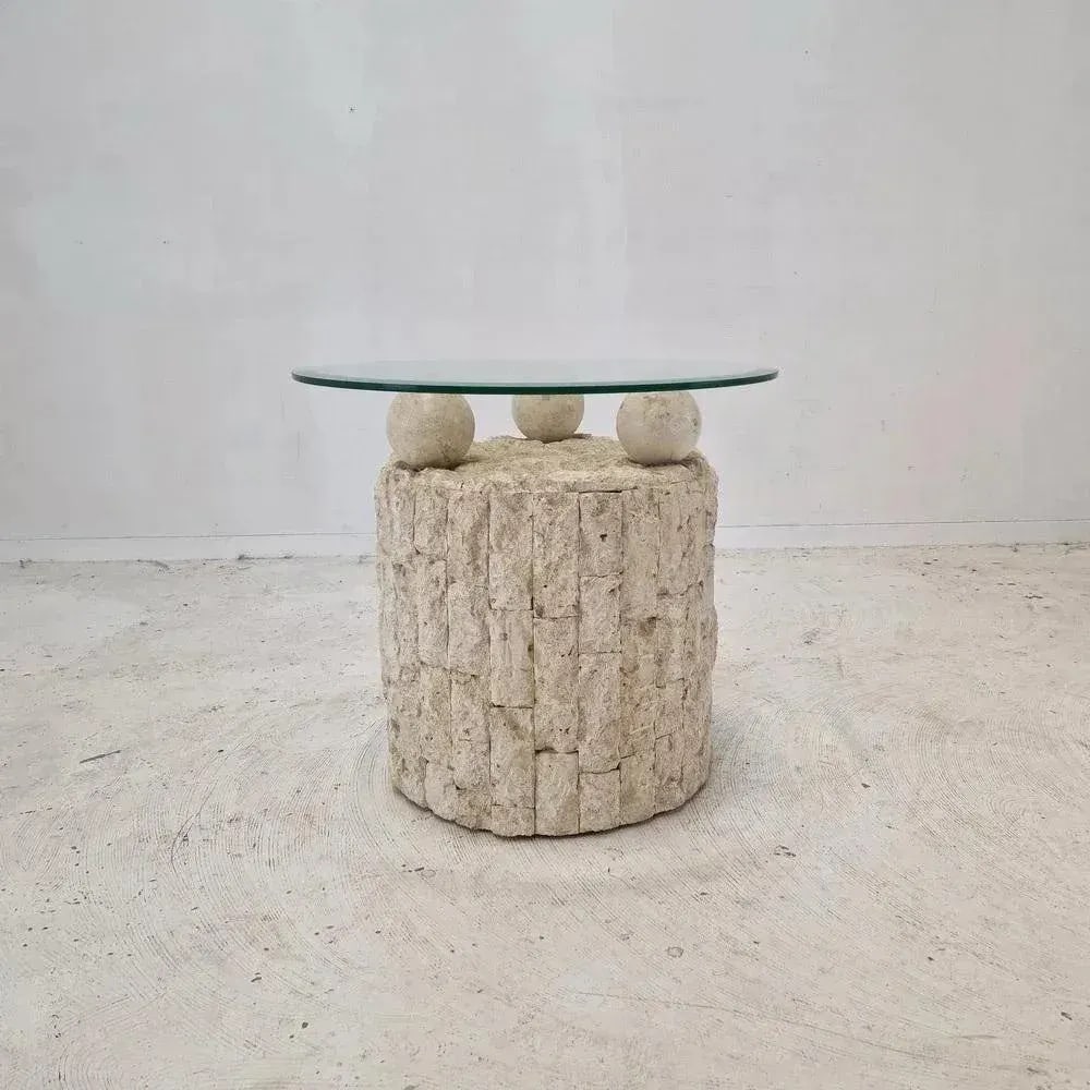 1980s Pair of Vintage, Postmodern Cylindrical Mactan Stone Side Tables - 6
