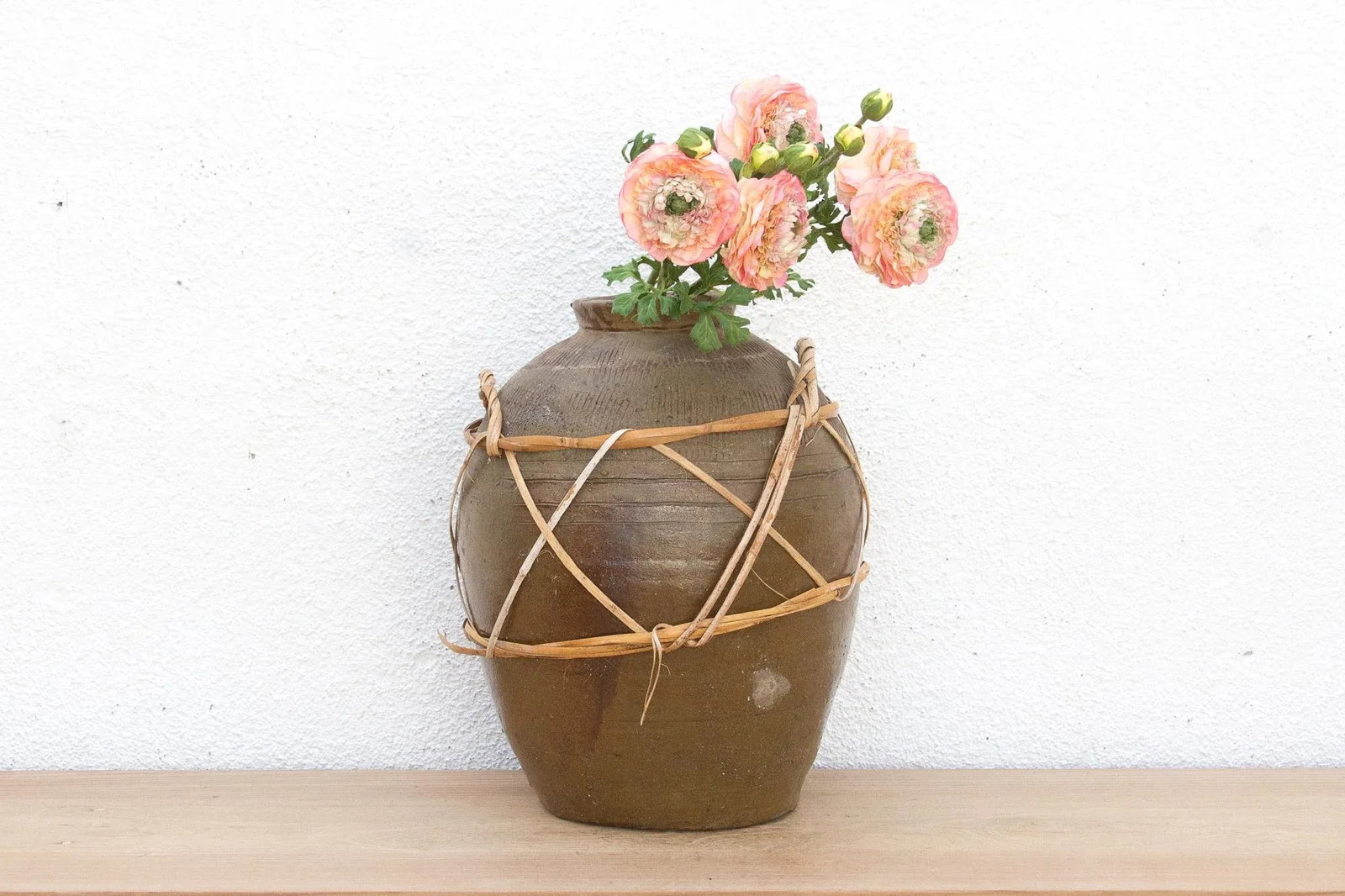 Antique Asian Stoneware Pot With Rattan Harness - 2