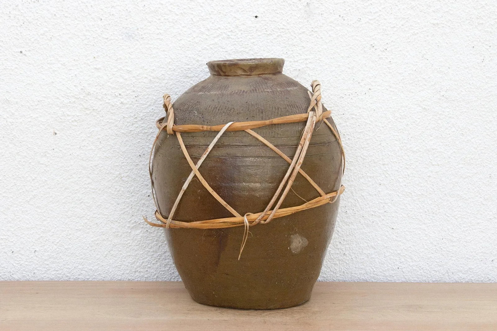 Antique Asian Stoneware Pot With Rattan Harness - 3
