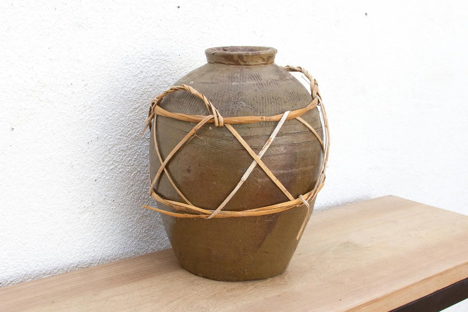 Antique Asian Stoneware Pot With Rattan Harness - 4