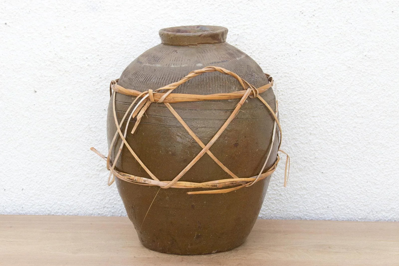 Antique Asian Stoneware Pot With Rattan Harness - 5
