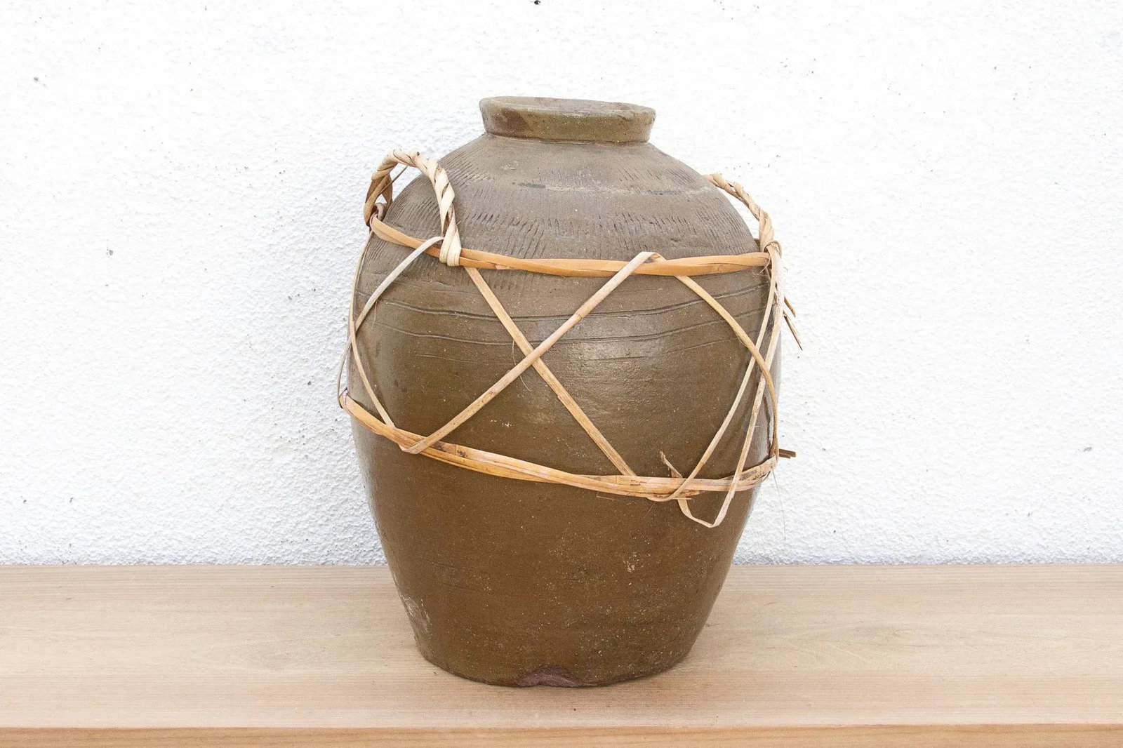 Antique Asian Stoneware Pot With Rattan Harness - 6