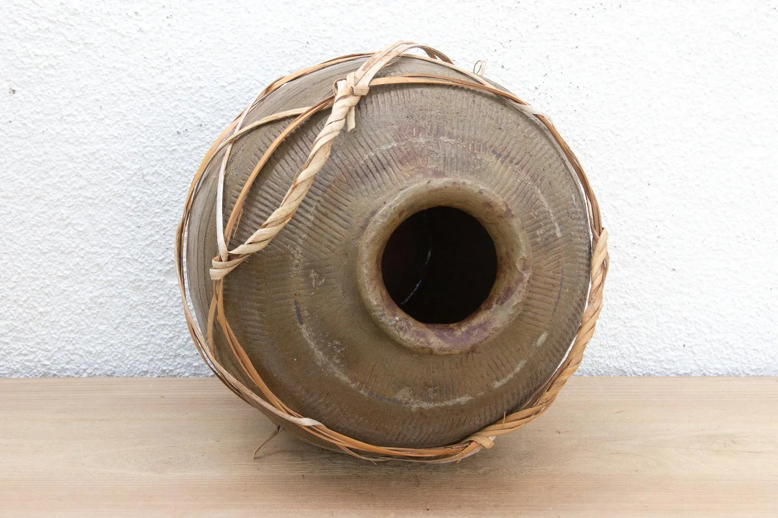 Antique Asian Stoneware Pot With Rattan Harness - 8