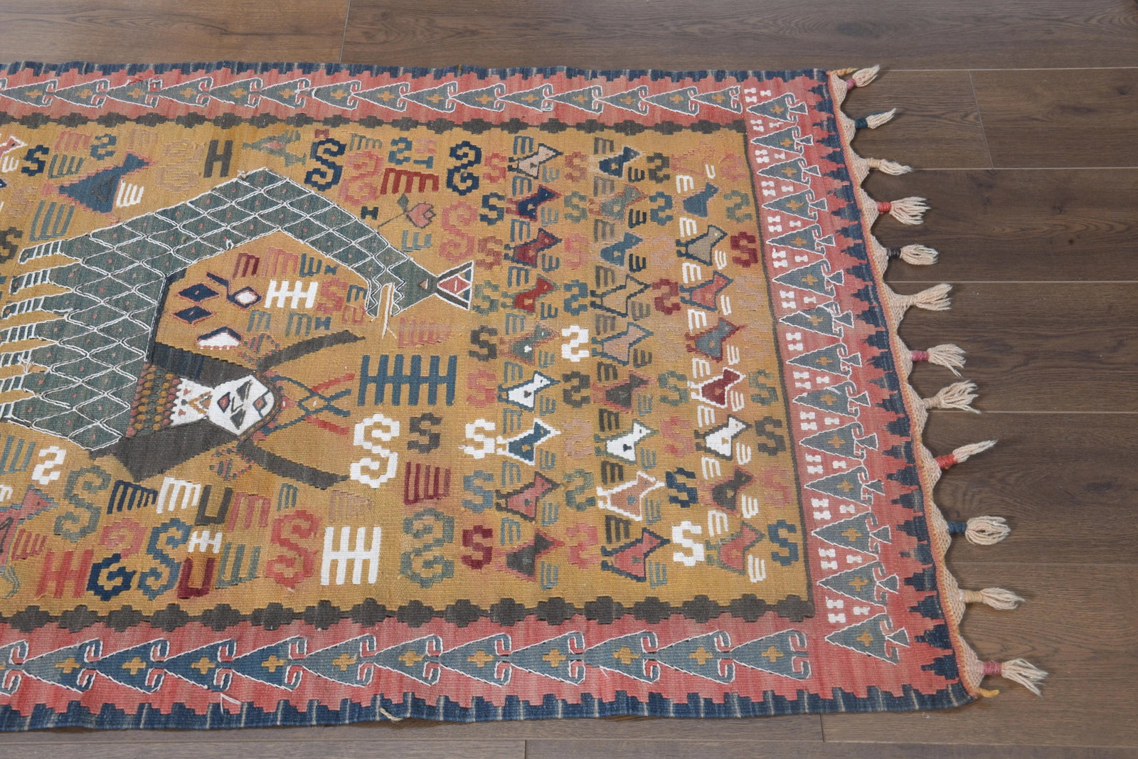 Shahmaran Motif Vintage Turkish Handmade Wool Cotton Orange Kilim Rug - 11