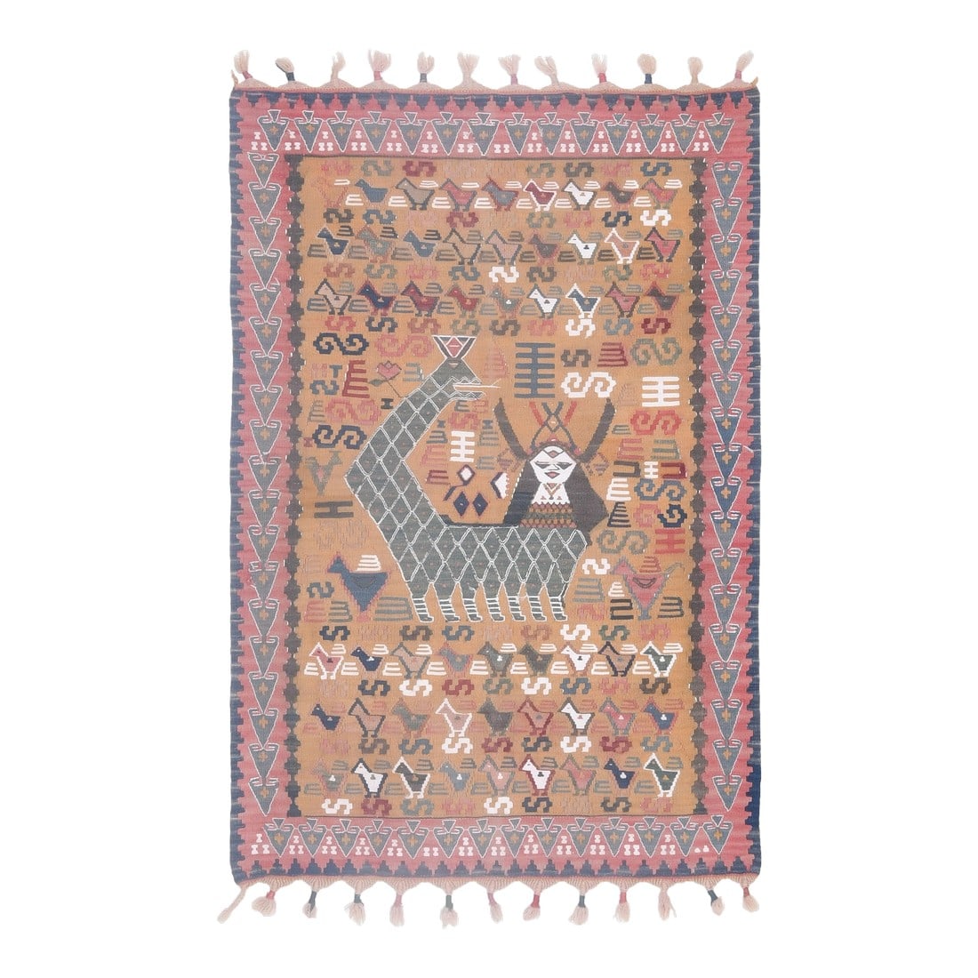 Shahmaran Motif Vintage Turkish Handmade Wool Cotton Orange Kilim Rug: Vintage Turkish Hand-Knotted Kilim rug is a semi-antique vintage area rug. The '70s Eastern region of Anatolian's unique rug is perfectly hand-knotted by the artisan. This special piece of art has ver