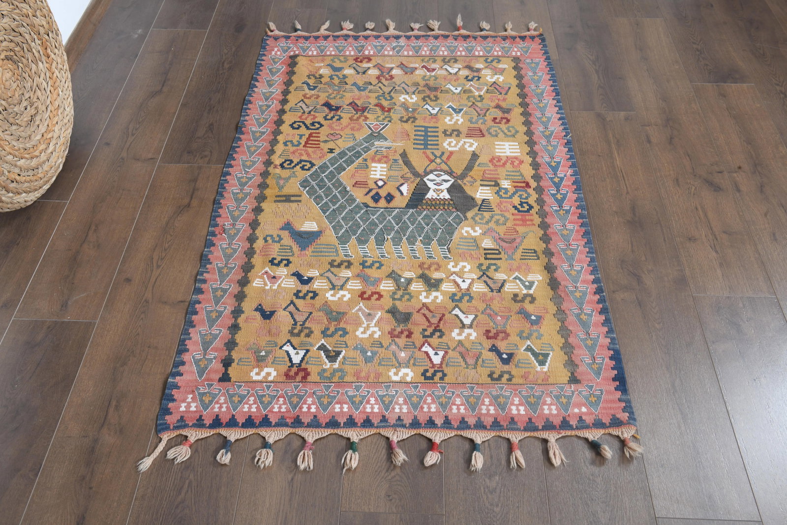 Shahmaran Motif Vintage Turkish Handmade Wool Cotton Orange Kilim Rug - 2