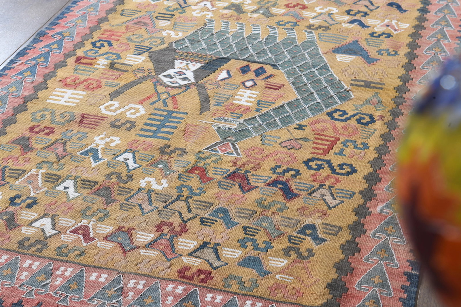 Shahmaran Motif Vintage Turkish Handmade Wool Cotton Orange Kilim Rug - 4