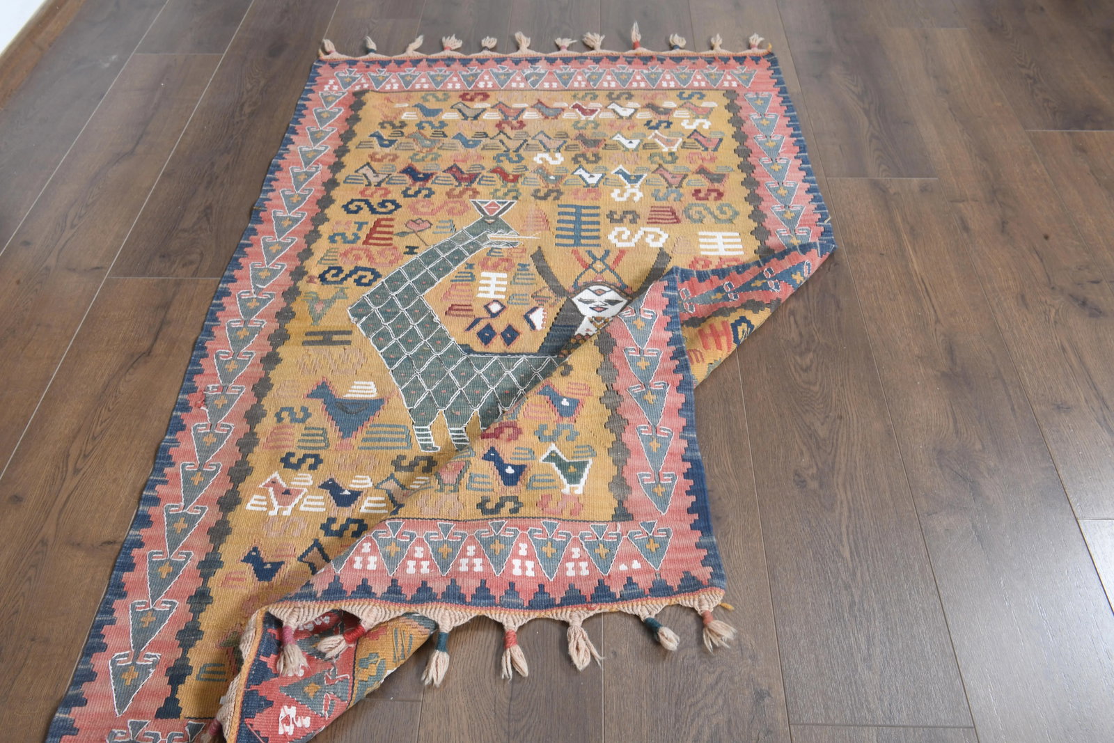 Shahmaran Motif Vintage Turkish Handmade Wool Cotton Orange Kilim Rug - 5