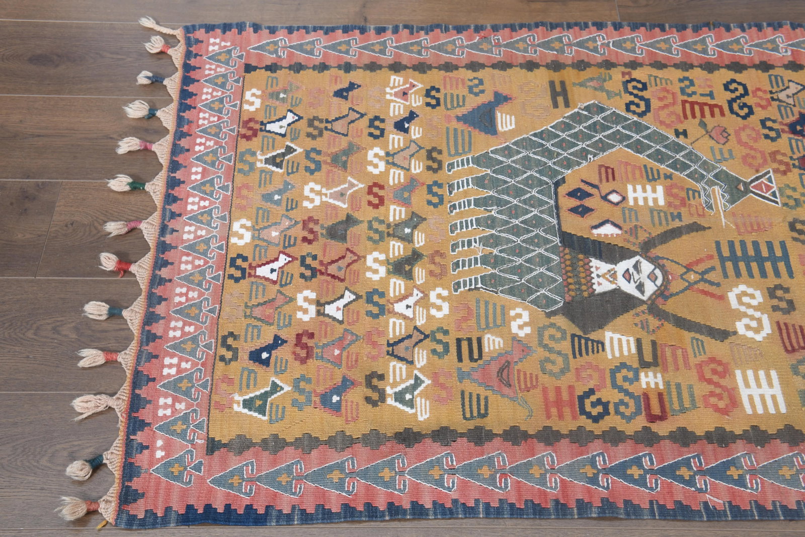 Shahmaran Motif Vintage Turkish Handmade Wool Cotton Orange Kilim Rug - 7