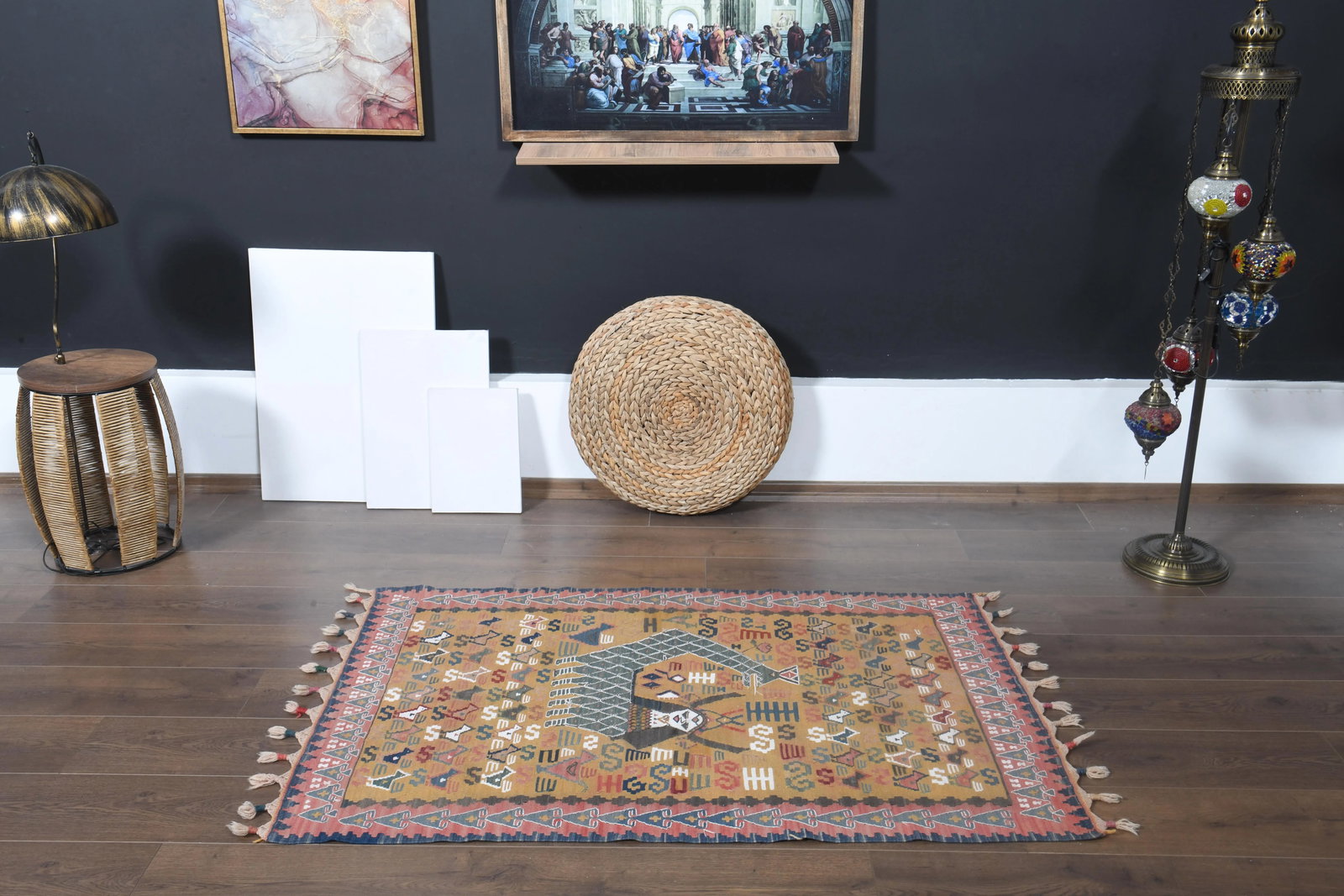 Shahmaran Motif Vintage Turkish Handmade Wool Cotton Orange Kilim Rug - 8