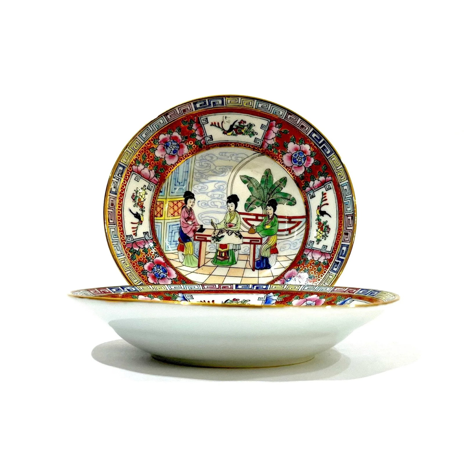Vintage Famille Rose Mandarin Chinoiserie Porcelain Dinnerware Service for 12 - Set of 82 pcs - 12
