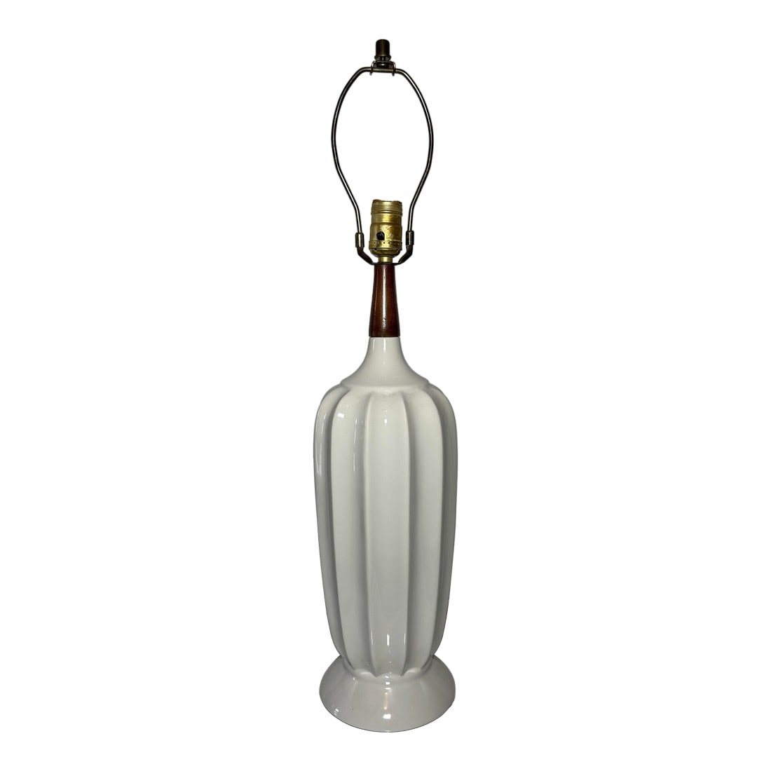 Mid 20th Century Elegant Vintage Mid-Century Danish Modern Ceramic Fluted Table Lamp With Walnut Acc: Transform your living space with this elegant Vintage Mid-Century Danish Modern Ceramic Fluted Table Lamp. Its sleek white ceramic body features a sophisticated fluted design that perfectly captures t