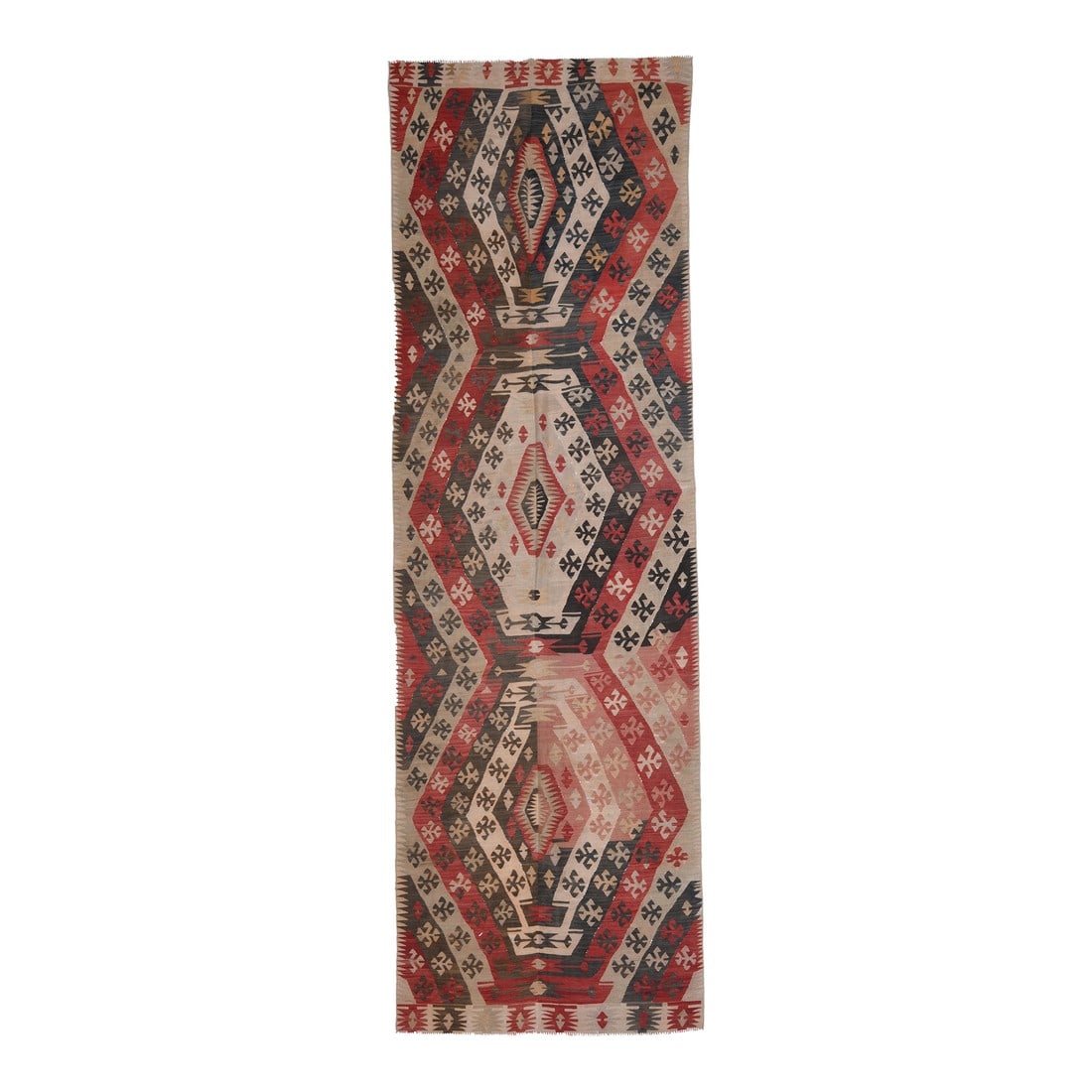 1970s Turkish Oushak Handmade Wool Cotton Red Kilim Runner Rug: Vintage Turkish Hand-Knotted vintage rug is a semi- vintage runner rug.'70s Eastern region of Turkey's unique rug is perfectly hand-knotted by the artisan. This special piece of art has very rare deta