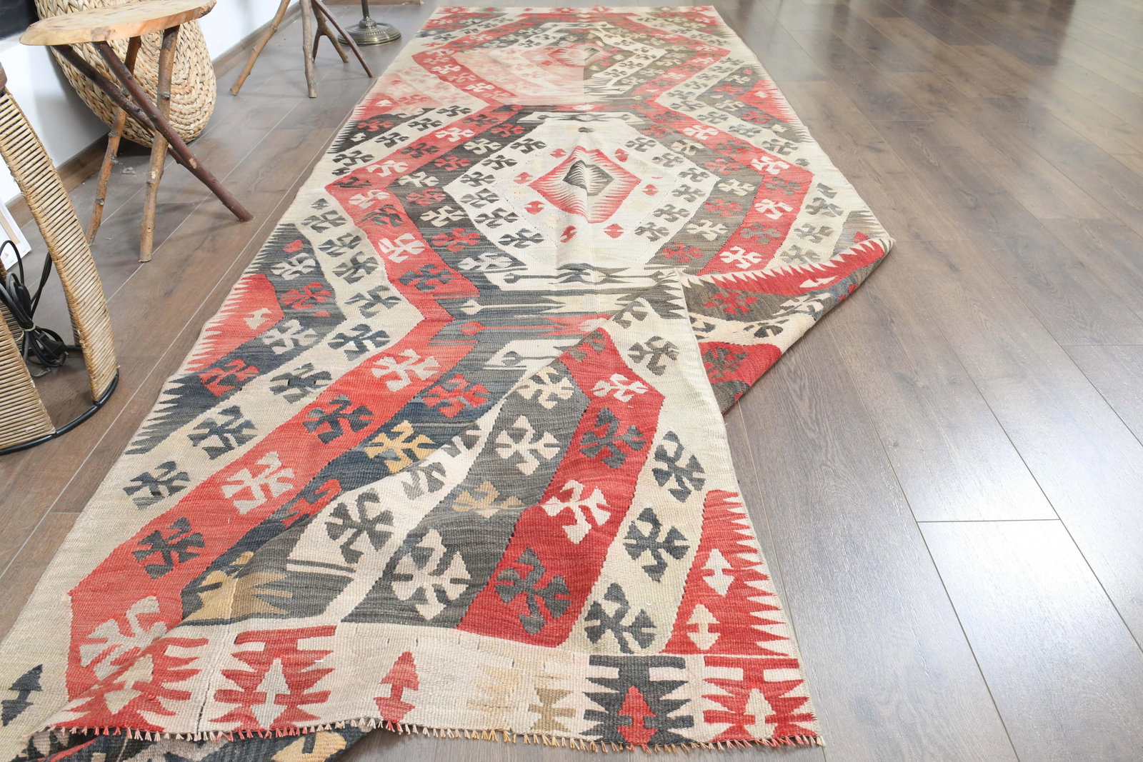 1970s Turkish Oushak Handmade Wool Cotton Red Kilim Runner Rug - 3