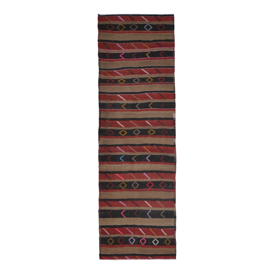 1970s Turkish Oushak Handmade Wool Cotton Red Brown Kilim Runner Rug: Vintage Turkish Hand-Knotted vintage rug is a semi- vintage runner rug.'70s Eastern region of Turkey's unique rug is perfectly hand-knotted by the artisan. This special piece of art has very rare