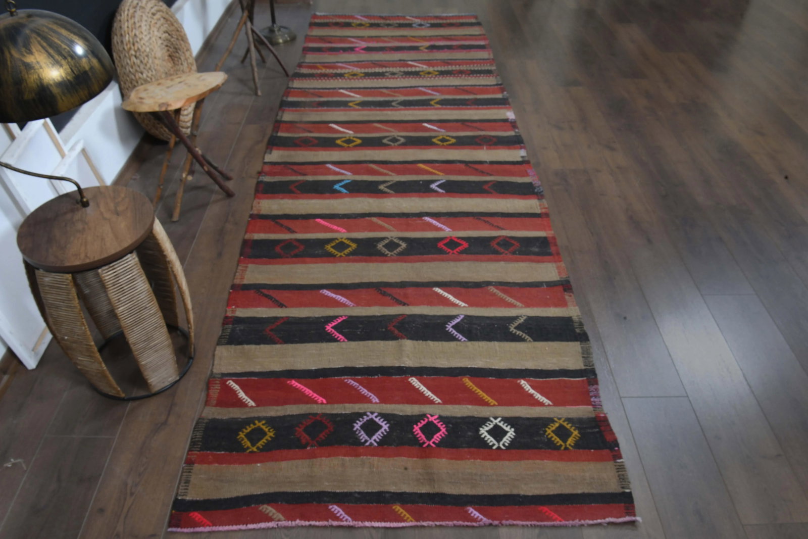 1970s Turkish Oushak Handmade Wool Cotton Red Brown Kilim Runner Rug - 2