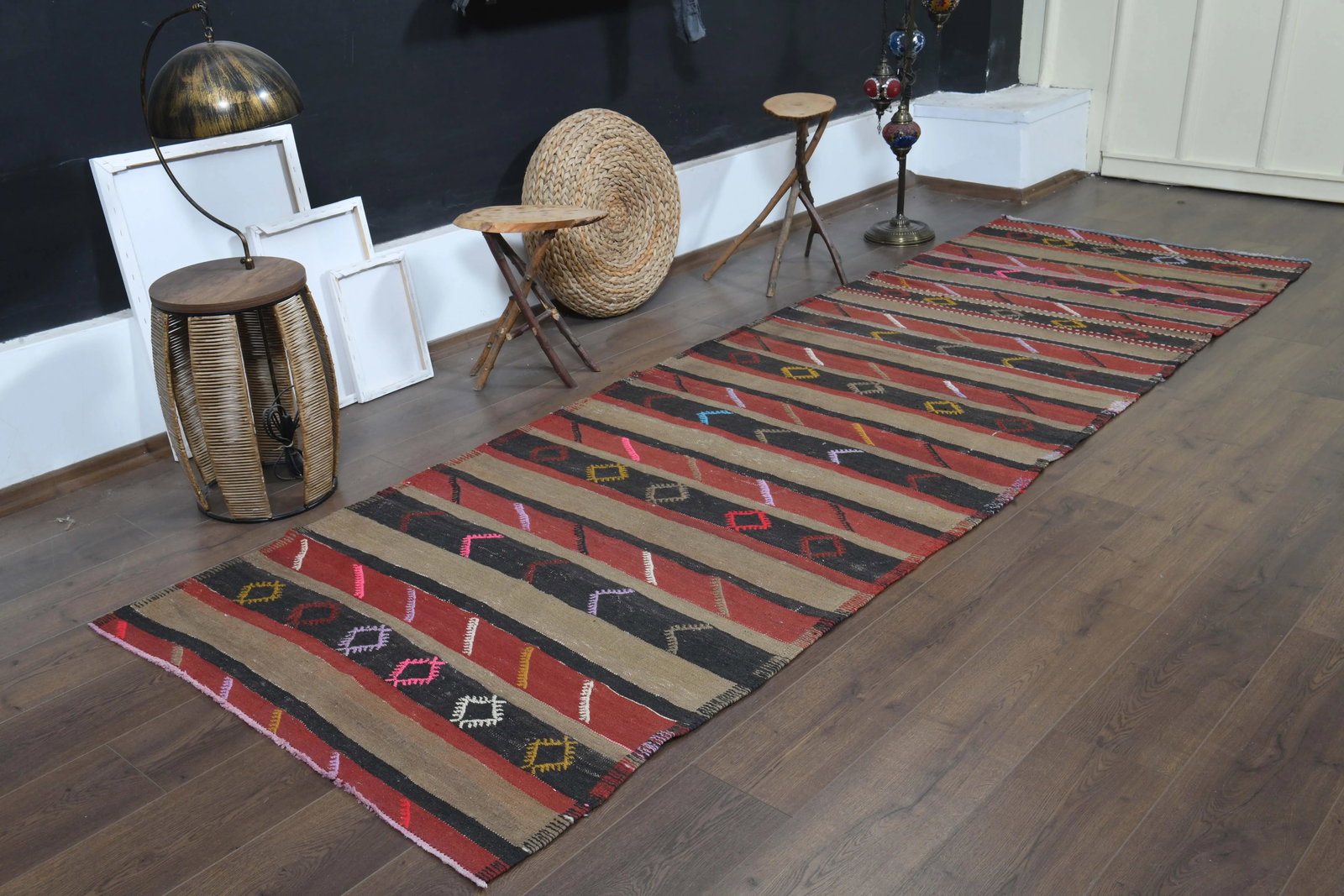 1970s Turkish Oushak Handmade Wool Cotton Red Brown Kilim Runner Rug - 6