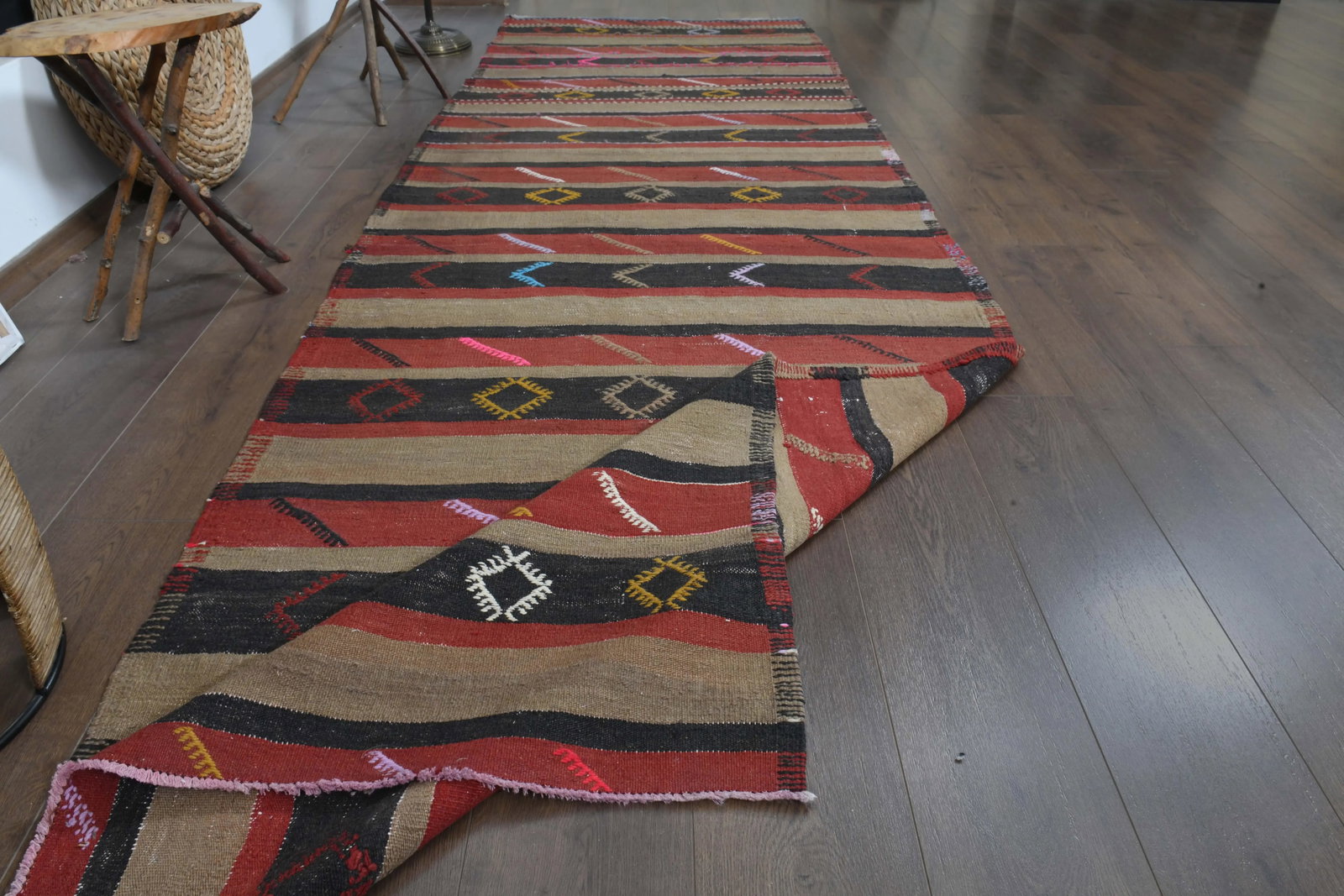 1970s Turkish Oushak Handmade Wool Cotton Red Brown Kilim Runner Rug - 9