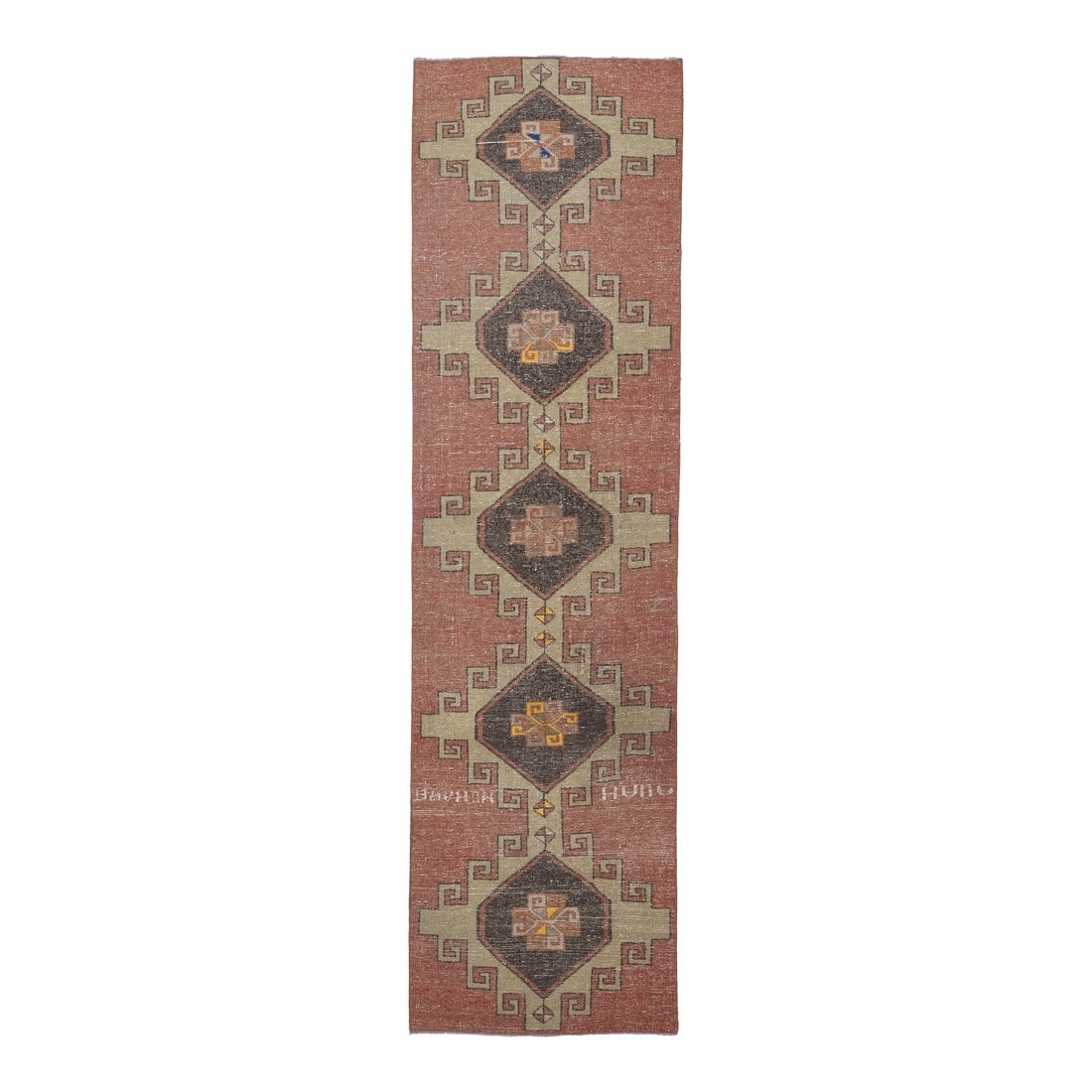 1970s Turkish Oushak Handmade Wool Cotton Orange Runner Rug: Vintage Turkish Hand-Knotted vintage rug is a semi- vintage runner rug.'70s Eastern region of Turkey's unique rug is perfectly hand-knotted by the artisan. This special piece of art has very rare deta