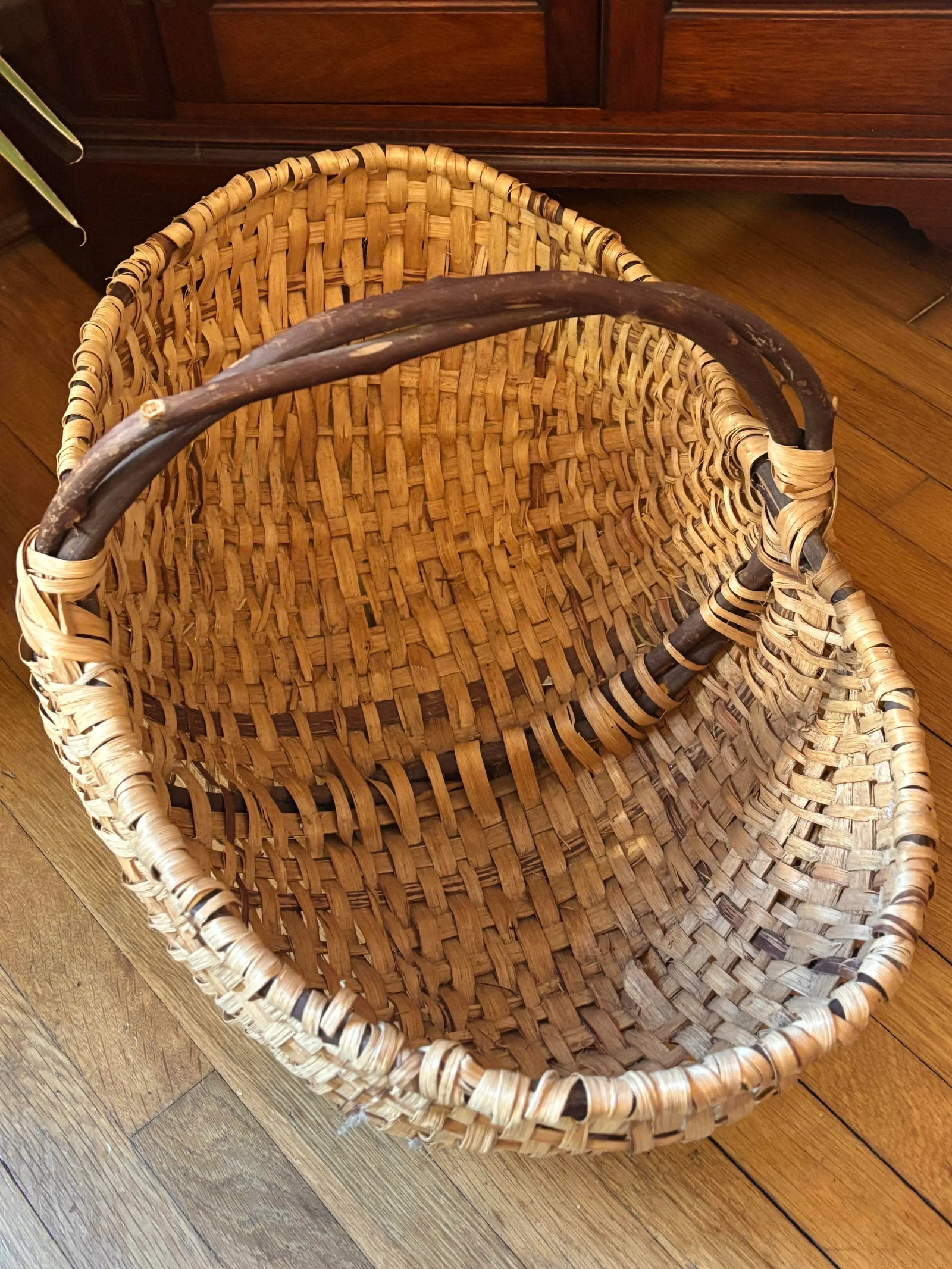 Antique Extra Large Market Basket With Twig Handle - 2