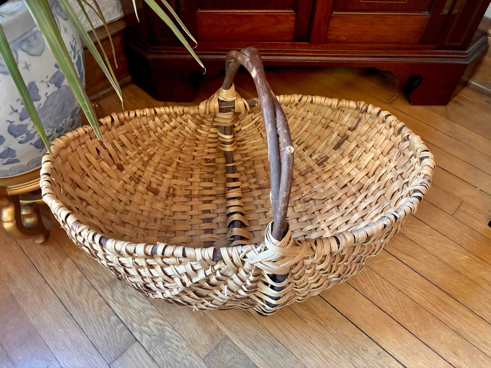 Antique Extra Large Market Basket With Twig Handle - 5