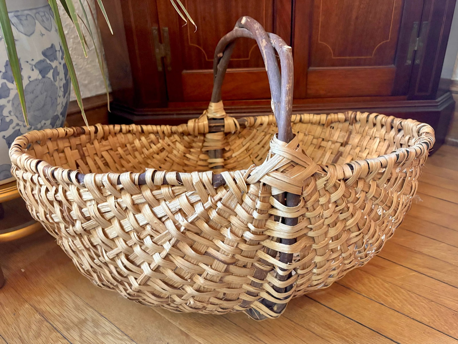 Antique Extra Large Market Basket With Twig Handle - 6