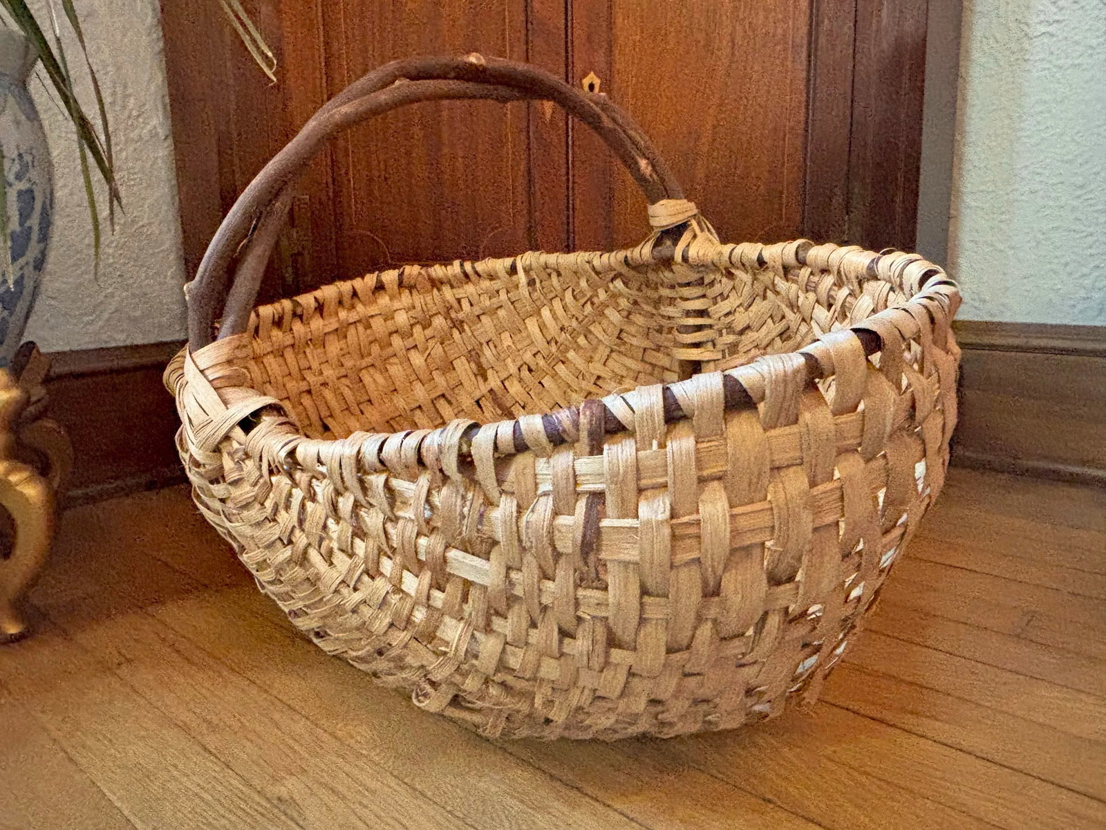 Antique Extra Large Market Basket With Twig Handle - 8