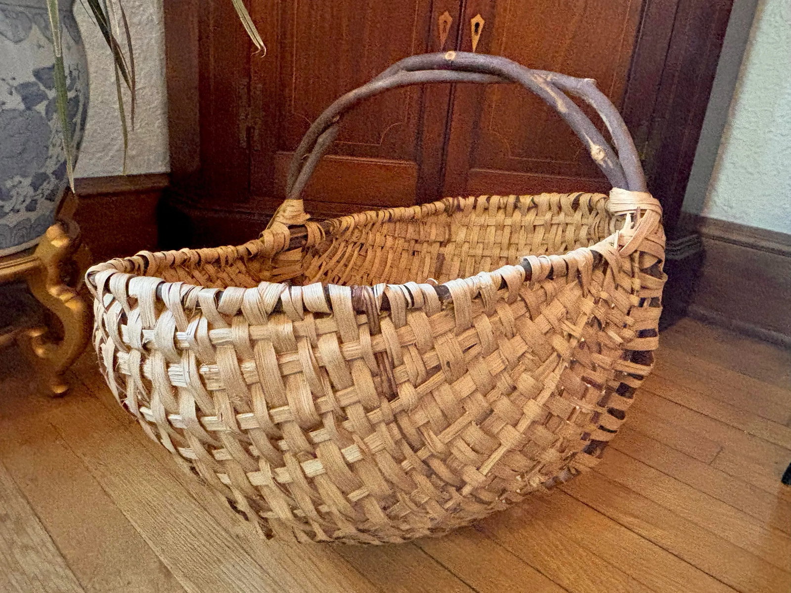 Antique Extra Large Market Basket With Twig Handle - 9
