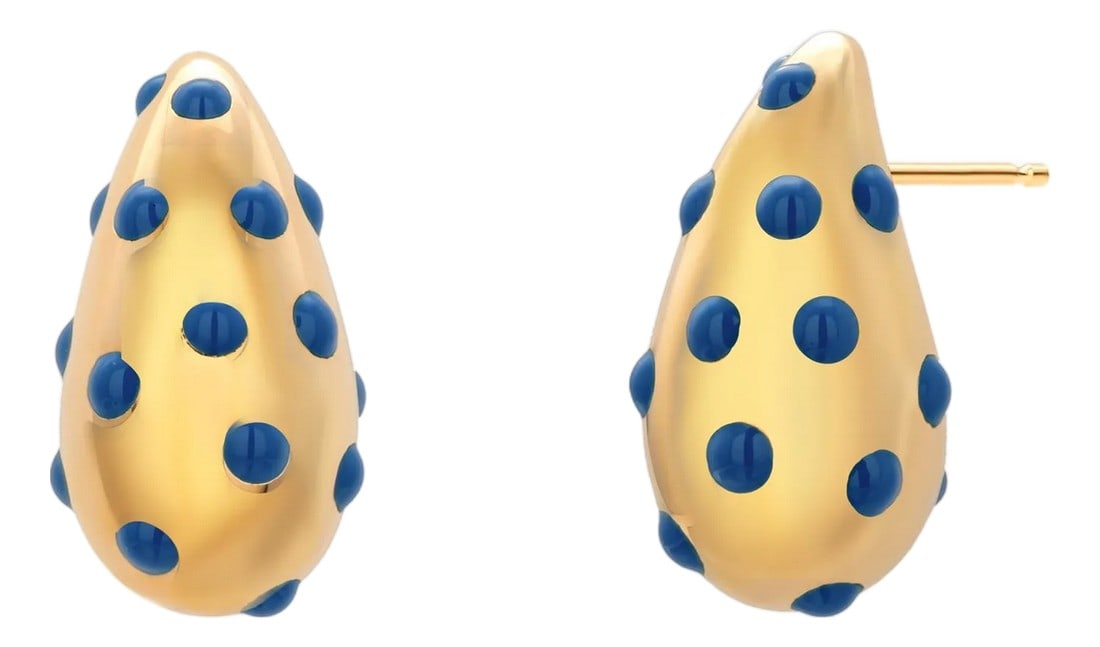 18k Yellow Gold Blue Polka Dot Enamel Teardrop Earrings 0.92 Inch Long, A Pair: These delightful 18k Yellow Gold Blue Polka Dot Enamel Teardrop Earrings combine the artistry of fine enamelwork with the timeless luxury of solid gold. Measuring 0.92 inches in length by 0.50 inches
