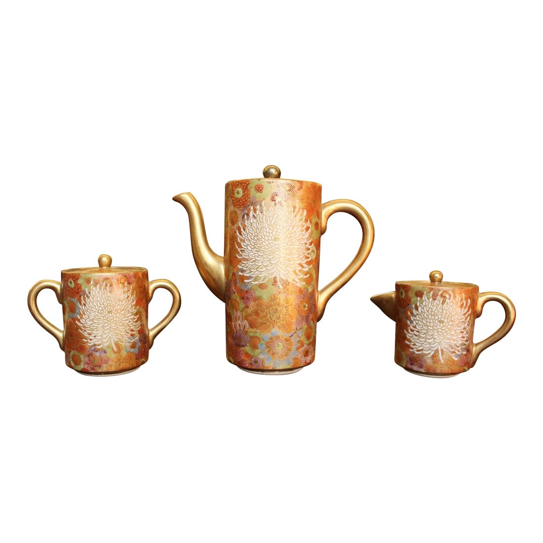 Mid 20th Century Elegant Golden Hand-Painted Satsuma 3-Piece Tea Set With Chrysanthemum and Multi/Ea (1 of 15)