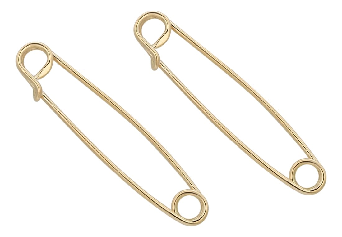 1990s Pair of 14k Yellow Gold Safety Pins 2 Pieces: Pair of 14K Yellow Gold Safety Pins, preowned and finely crafted, measuring 1.75 inches in length with a combined total weight of 3.4 grams. These versatile pieces carry both functional and