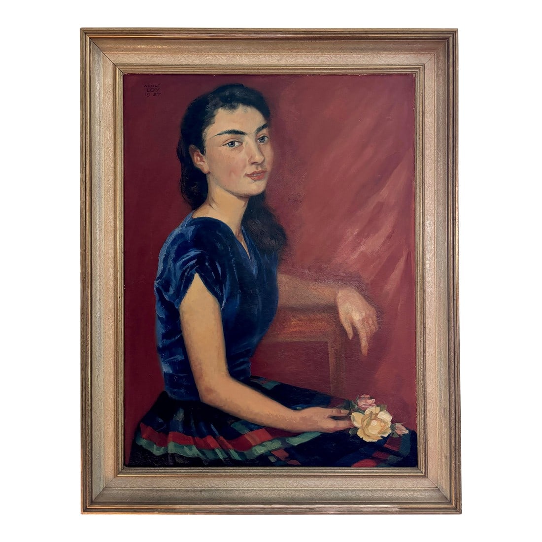 1950s Adolf Loy Gemälde Seated Lady With Roses Large Oil Portrait Painting on Board: Known more for his European landscapes, German artist Adolf Loy Gemälde (1903-1967) created this rare portrait of a seated woman with roses in stunning blouse and skirt using spontaneous