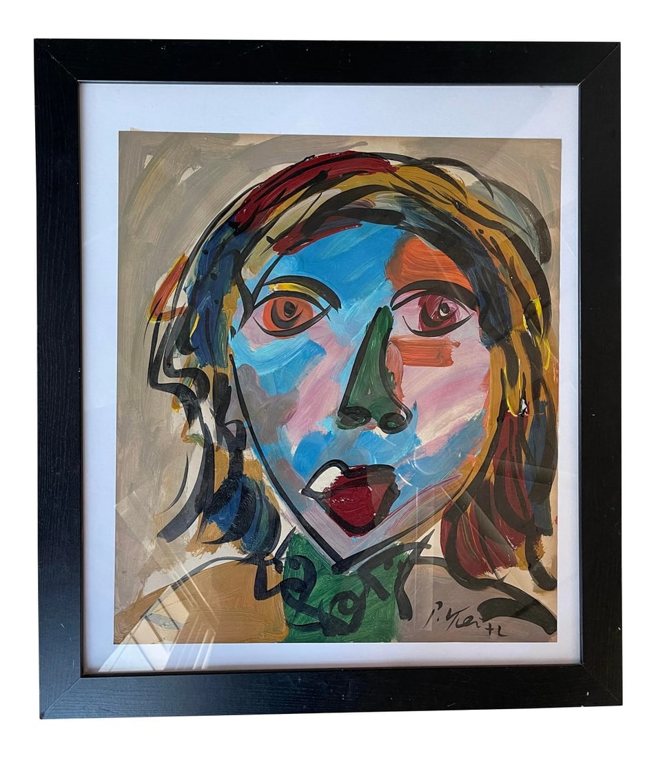 1970s Abstract Face Acrylic Painting by Peter Keil, Framed: Peter Keil is a German artist that focuses primarily on abstract expressionism. Keil painted with some of the greats including Joan MirÃ³, Pablo Picasso and Andy Warhol, to name a few. This