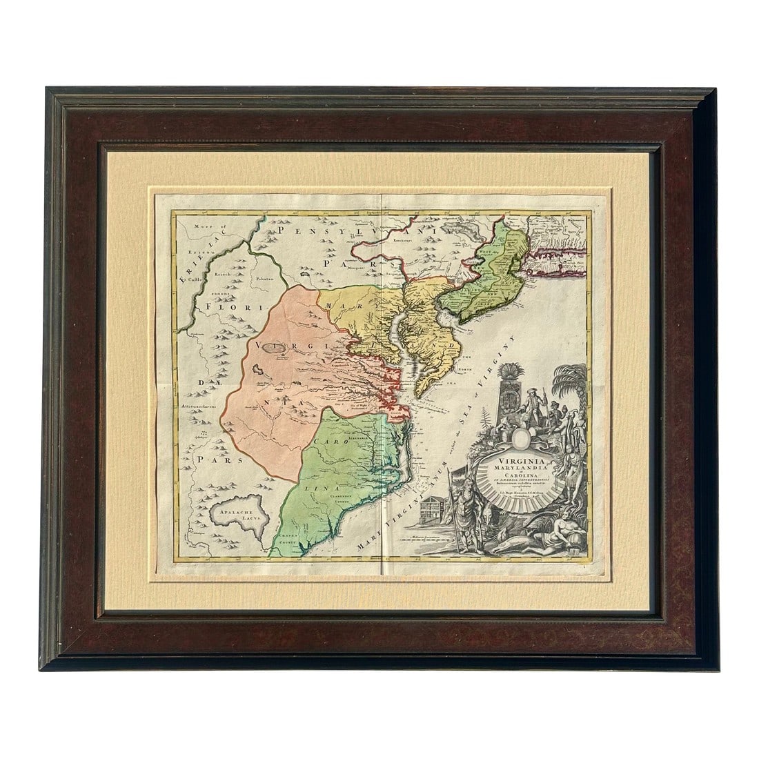 Virginia Maryland & Carolinas by Homman Circa 1720: Original copper engraving by JB Homann, Nuremberg, circa 1720. Titled: Virginia Marylandia et Carolina In America Septentrionali Britannorum industria exculta repraesentate. Homann's map depicts the