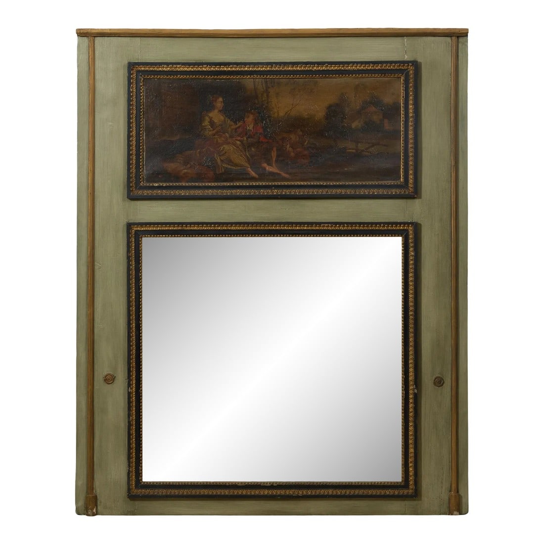 Antique French Verte Peinte Trumeau Mirror, 19th Century: French Verte Peinte Trumeau Mirror, 19th c., the restrained moulded top over romantic scene painting of couple, ebonized moulded surround with lamb's tongue and beaded liners, lower mirror plate with 