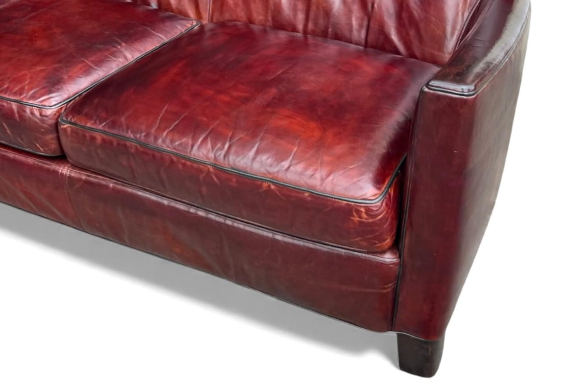 Rich Burgundy Vintage Leather Sofa With Beautiful Patina & Timeless Form - By Crate and Barrell - 11