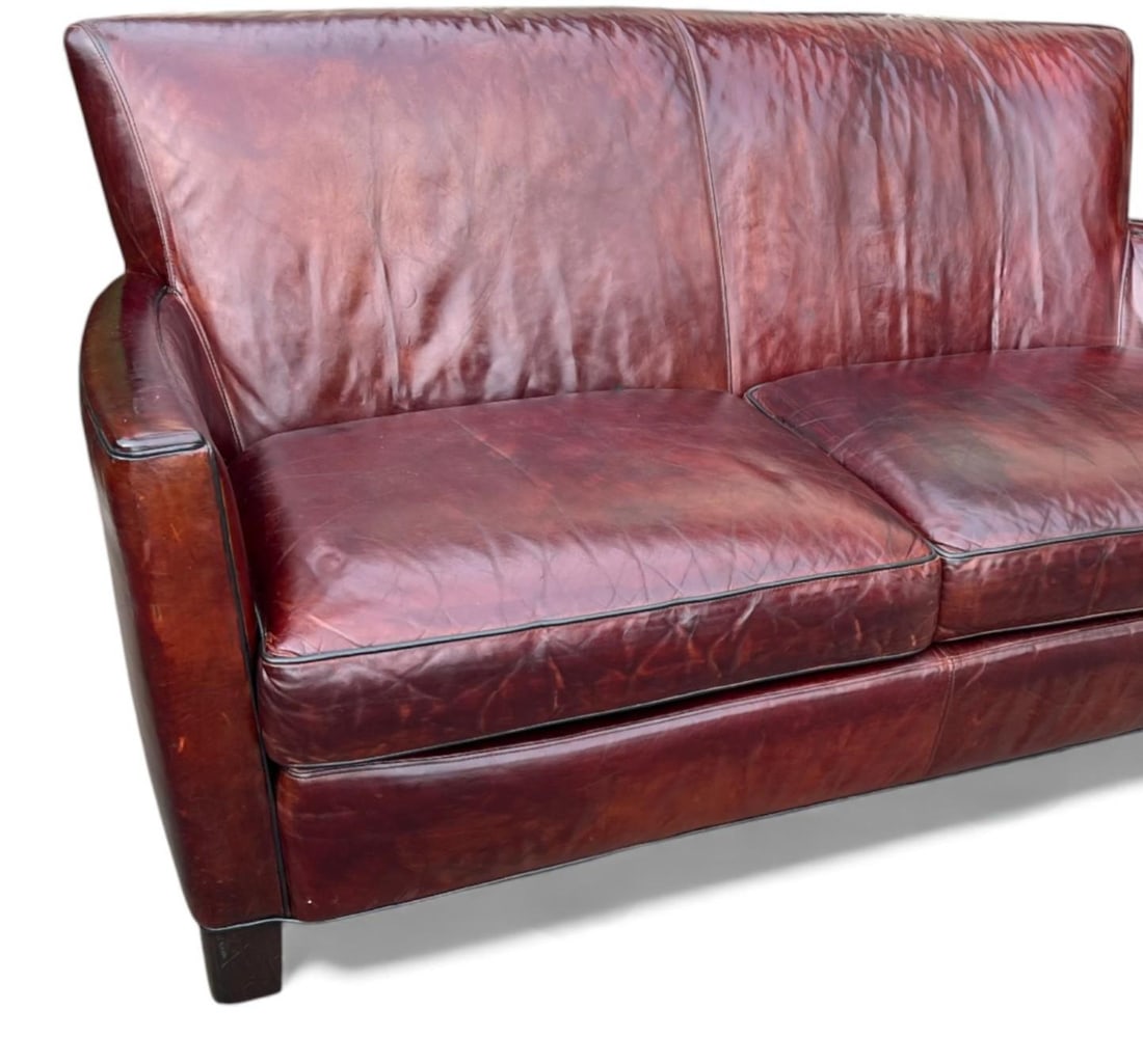 Rich Burgundy Vintage Leather Sofa With Beautiful Patina & Timeless Form - By Crate and Barrell - 12