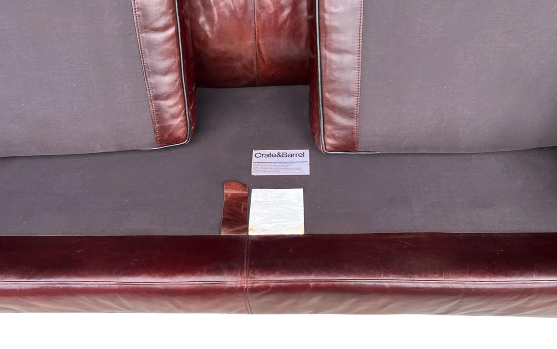 Rich Burgundy Vintage Leather Sofa With Beautiful Patina & Timeless Form - By Crate and Barrell - 14