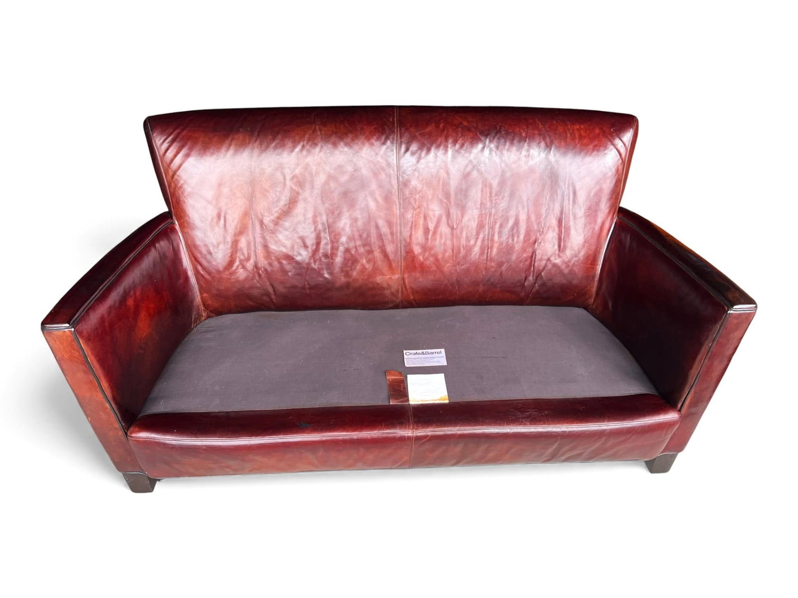 Rich Burgundy Vintage Leather Sofa With Beautiful Patina & Timeless Form - By Crate and Barrell - 15