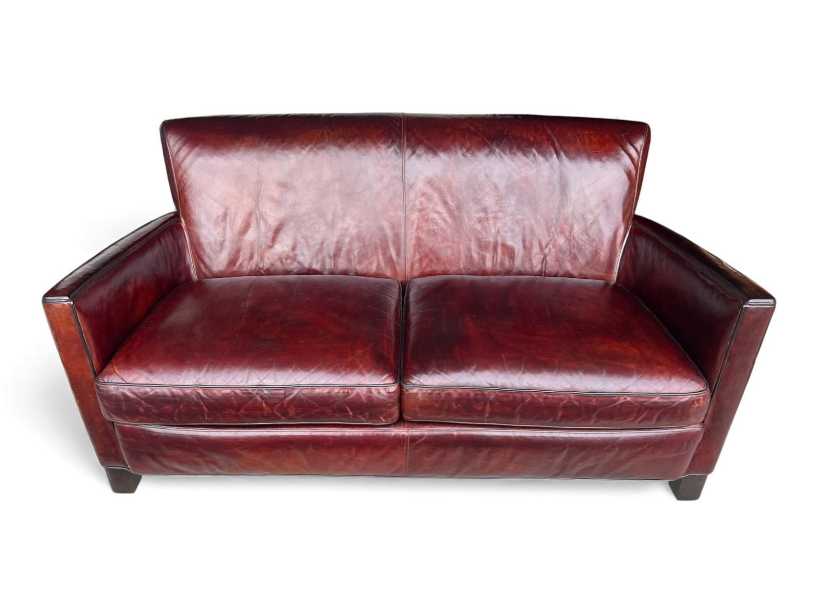 Rich Burgundy Vintage Leather Sofa With Beautiful Patina & Timeless Form - By Crate and Barrell - 16