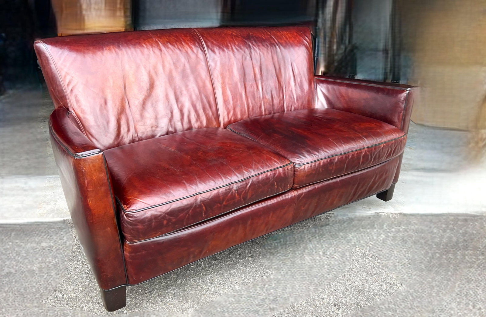 Rich Burgundy Vintage Leather Sofa With Beautiful Patina & Timeless Form - By Crate and Barrell - 17