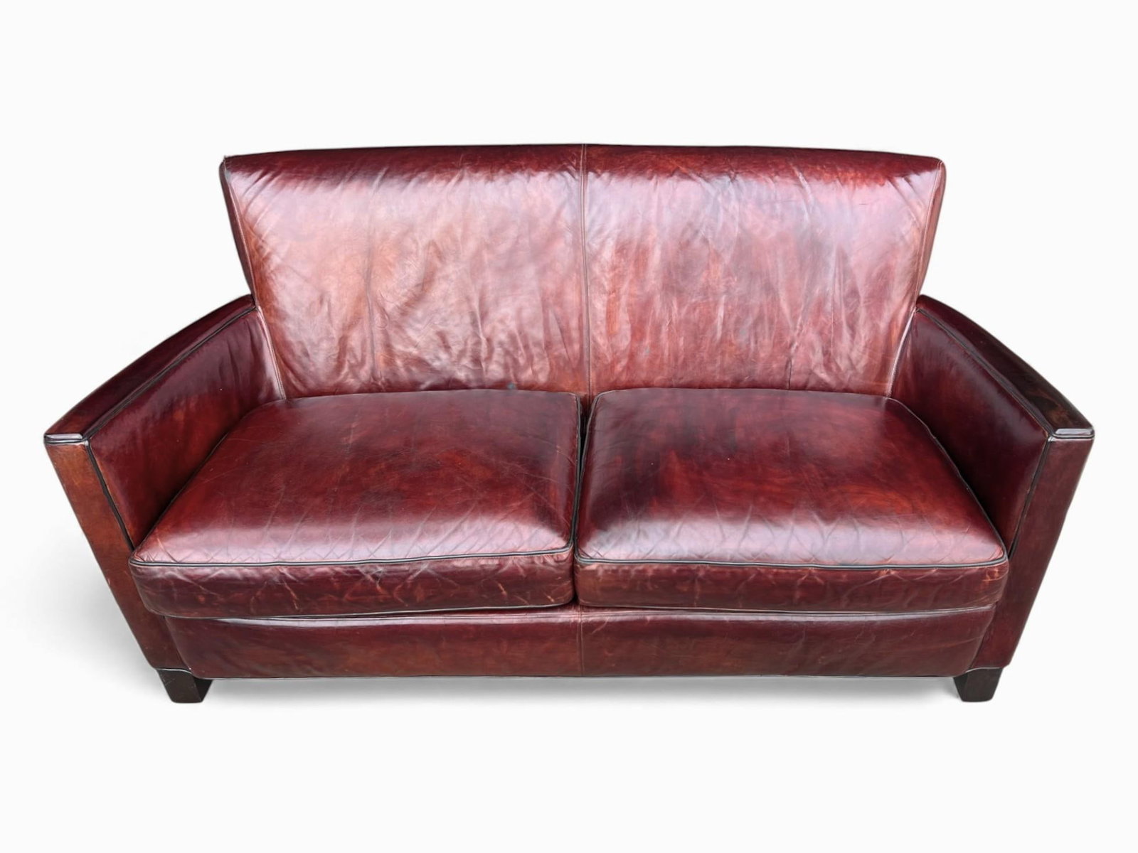 Rich Burgundy Vintage Leather Sofa With Beautiful Patina & Timeless Form - By Crate and Barrell - 2